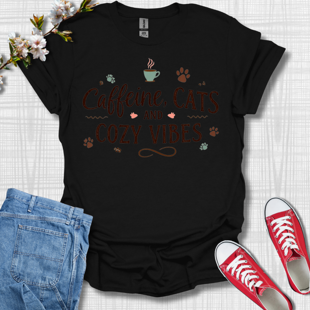 Caffeine Cats and Cozy Vibes T-Shirt