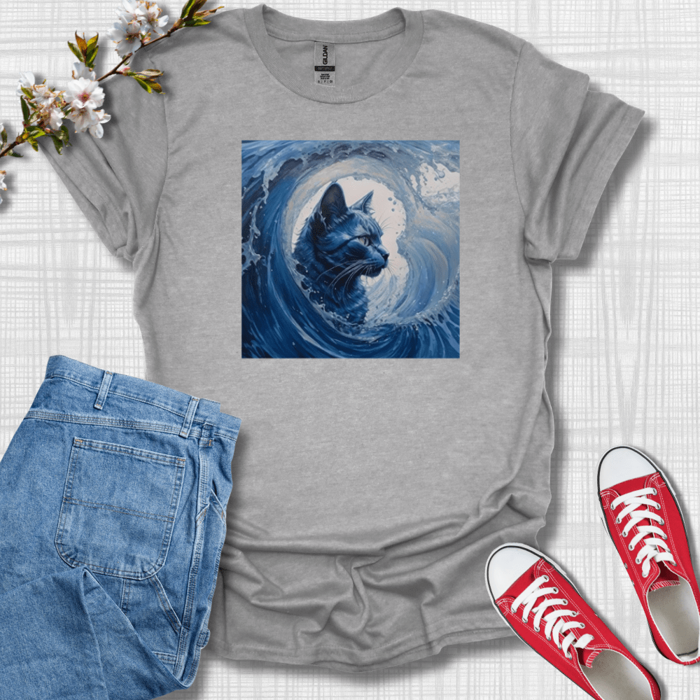 Blue Cat Wave Graphic T-Shirt