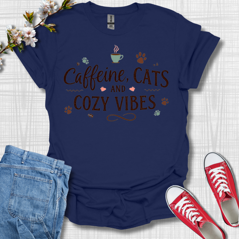 Caffeine Cats and Cozy Vibes T-Shirt