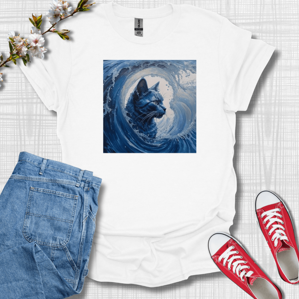 Blue Cat Wave Graphic T-Shirt