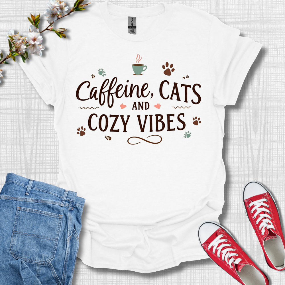 Caffeine Cats and Cozy Vibes T-Shirt